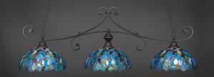 Curl 3 Light Billiard Light Shown In Dark Granite Finish With 16" Blue Mosaic Tiffany Glass 
