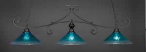 Curl 3 Light Billiard Light Shown In Matte Black Finish With 16" Teal Crystal Glass