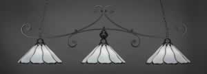 Curl 3 Light Billiard Light Shown In Matte Black Finish With 16" Pearl & Black Flair Tiffany Glass