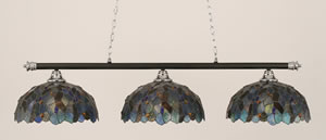 Oxford 3 Light Billiard Light Shown In Chrome And Matte Black Finish With 16" Blue Mosaic Tiffany Glass