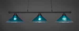 Oxford 3 Light Billiard Light Shown In Matte Black Finish With 16" Teal Crystal Glass