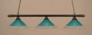 Round 3 Light Billiard Light Shown In Dark Granite Finish With 16" Teal Crystal Glass