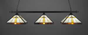 Square 3 Light Bar With Square Fitters Shown In Matte Black Finish With 14" Hone, Brown, & Amber Tiffany Glass