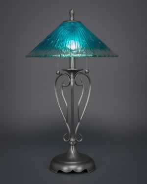 Olde Iron Table Lamp Shown In Brushed Nickel With 16" Teal Crystal Glass