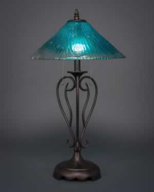 Olde Iron Table Lamp Shown In Bronze With 16" Teal Crystal Glass