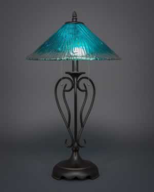 Olde Iron Table Lamp Shown In Dark Granite Finish With 16" Teal Crystal Glass