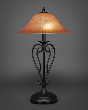 Olde Iron Table Lamp Shown In Matte Black Finish With 16" Tiger Glass