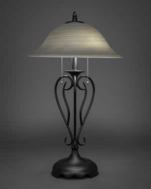 Olde Iron Table Lamp Shown In Matte Black Finish With 16" Gray Linen Glass