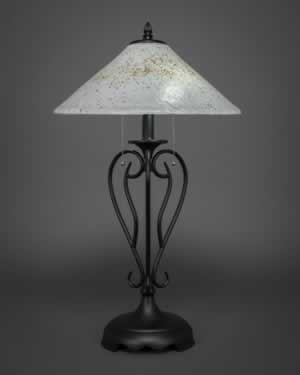Olde Iron Table Lamp Shown In Matte Black Finish With 16" Gold Ice Glass