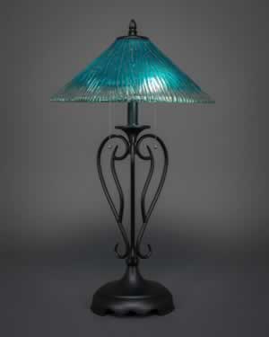 Olde Iron Table Lamp Shown In Matte Black Finish With 16" Teal Crystal Glass