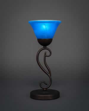 Olde Iron Mini Table Lamp Shown in Bronze Finish With 7” Blue Italian Glass