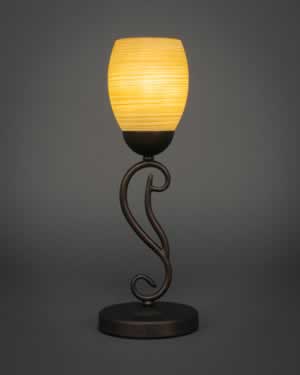 Olde Iron Mini Table Lamp Shown in Bronze Finish With 5” Cayenne Linen Glass