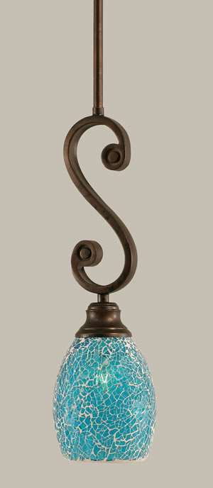 Curl Mini Pendant Shown In Bronze Finish With 5" Turquoise Fusion Glass