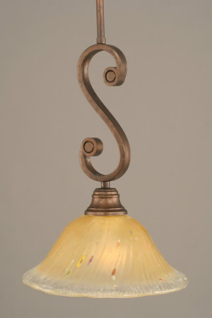 Curl Mini Pendant With Hang Straight Swivel Shown In Bronze Finish With 10" Amber Crystal Glass