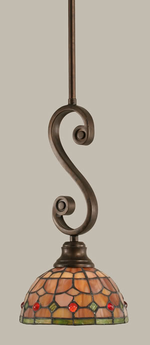 Curl Mini Pendant Shown In Bronze Finish With 7" Rosetta Tiffany Glass