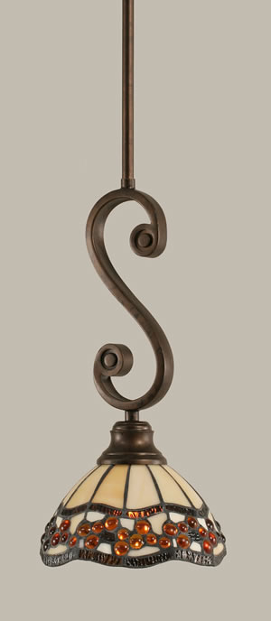 Curl Mini Pendant Shown In Bronze Finish With 7" Roman Jewel Tiffany Glass