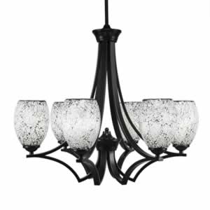 Zilo 6 Light Chandelier Shown In Matte Black Finish With 5" Black Fusion Glass