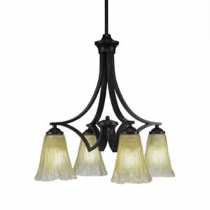 Zilo 4 Light Chandelier Shown In Matte Black Finish With 5.5" Fluted Amber Crystal Glass