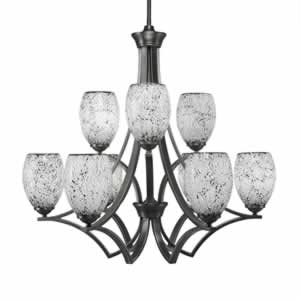 Zilo 9 Light Chandelier Shown In Graphite Finish With 5" Black Fusion Glass