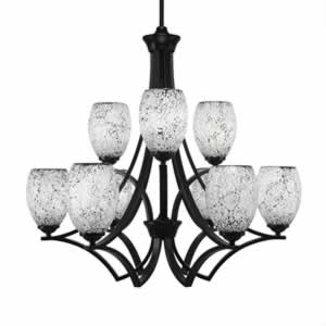 Zilo 9 Light Chandelier Shown In Matte Black Finish With 5" Black Fusion Glass