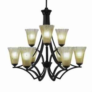 Zilo 9 Light Chandelier Shown In Matte Black Finish With 5.5" Fluted  Amber Crystal Glass