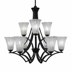 Zilo 9 Light Chandelier Shown In Matte Black Finish With 5.5" Fluted Italian Ice Glass