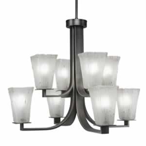 Apollo 8 Light Chandelier With Hang Straight Swivel Shown In Graphite Finish With 5" Square Frosted Crystal Glass
