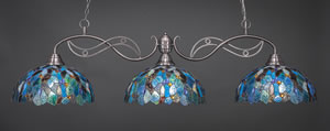 Jazz 3 Light Billiard Light Shown In Brushed Nickel Finish With 16" Blue Mosaic Tiffany Glass