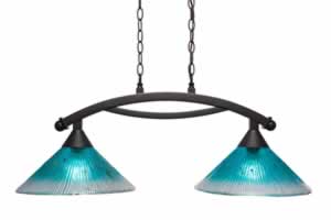 Bow 2 Light Island Light Shown In Dark Granite Finish With 12" Teal Crystal Glass