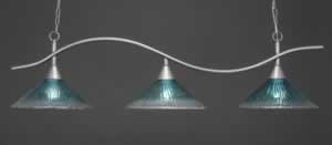 Swoop 3 Light Billiard Light Shown In Brushed Nickel Finish With 16" Teal Crystal Glass