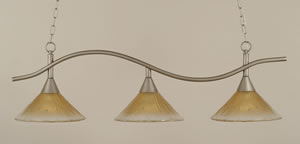 Swoop 3 Light Island Light Shown In Brushed Nickel Finish With 12" Amber Crystal Glass