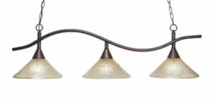 Swoop 3 Light Island Light Shown In Bronze Finish With 12" Amber Crystal Glass