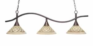 Swoop 3 Light Island Light Shown In Bronze Finish With 12" Charcoal Spiral Glass
