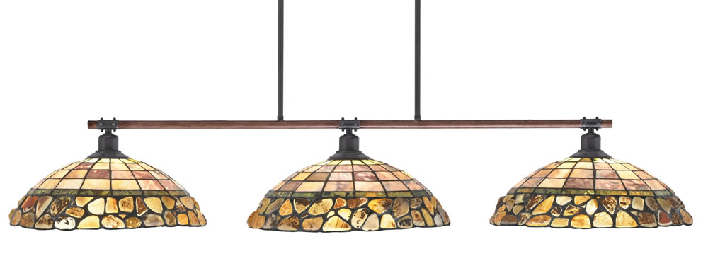 Blacksmith 3 Light Bar, Painted Wood-Look Metal & Dark Granite Finish, 16" Cobblestone Art Glass