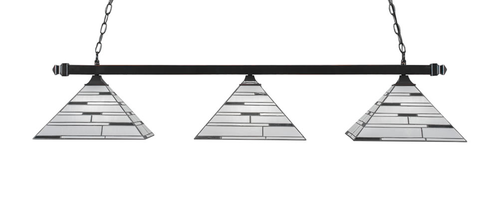 Square 3 Light Bar With Square Fitters With Square Fitters Shown In Black Copper Finish With 14" Pearl Ebony Art Glass