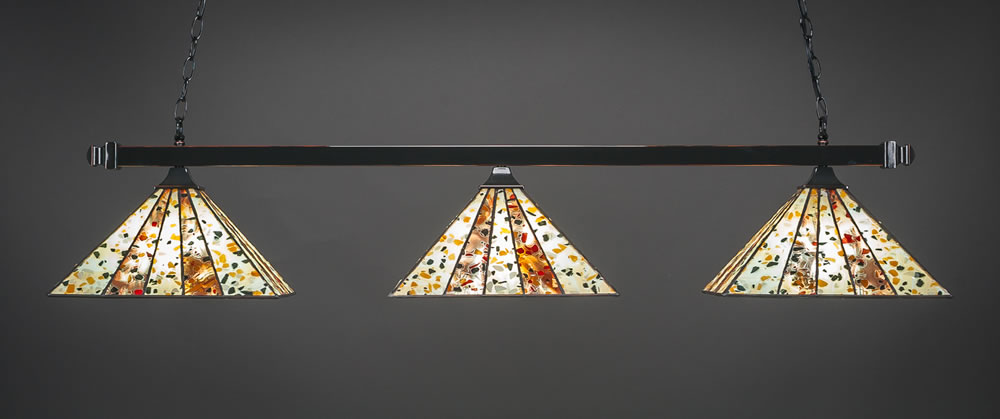 Square 3 Light Bar With Square Fitters With Square Fitters Shown In Black Copper Finish With 14" Fiesta Art Glass