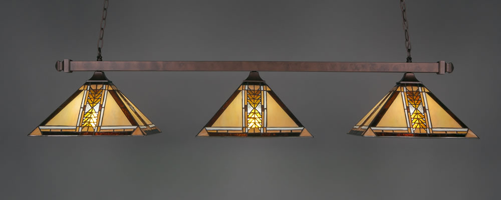 Square 3 Light Bar With Square Fitters Shown In Bronze Finish With 14" Santa Cruz Art Glass
