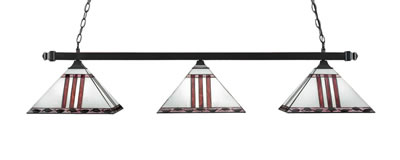 Square 3 Light Bar With Square Fitters With Square Fitters Shown In Black Copper Finish With 14" Purple & Metal Leaf Art Glass