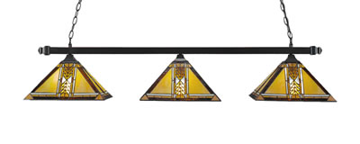 Square 3 Light Bar With Square Fitters With Square Fitters Shown In Black Copper Finish With 14" Santa Cruz Art Glass