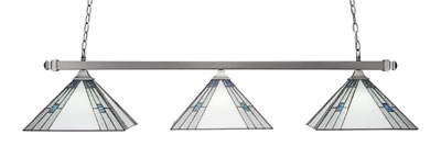 Square 3 Light Bar With Square Fitters With Square Fitters Shown In Brushed Nickel Finish With 14" Sky Ice Art Glass