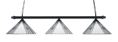 Square 3 Light Bar With Square Fitters With Square Fitters Shown In Matte Black Finish With 14" Sky Ice Art Glass