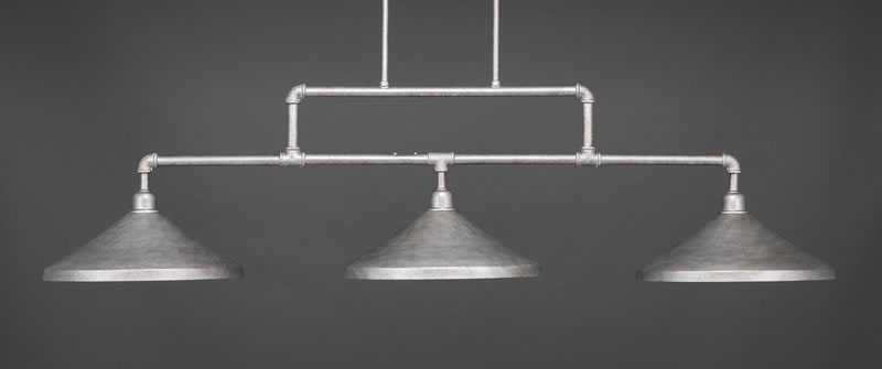 Vintage 3 Light Bar Shown In Aged Silver Finish With 14" Aged Silver Cone Metal Shades