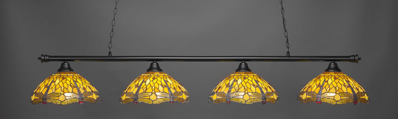 Oxford 4 Light Bar Shown In Matte Black Finish With 16" Amber Dragonfly Art Glass