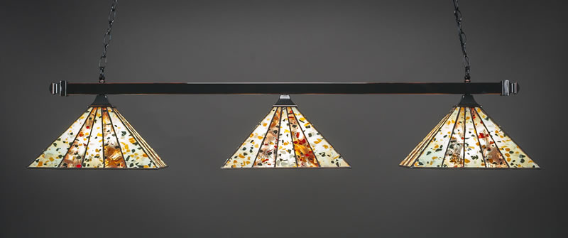 Square 3 Light Bar With Square Fitters With Square Fitters Shown In Brushed Nickel Finish With 14" Fiesta Art Glass