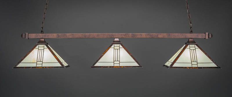 Square 3 Light Bar With Square Fitters Shown In Bronze Finish With 14" Sante Fe Art Glass