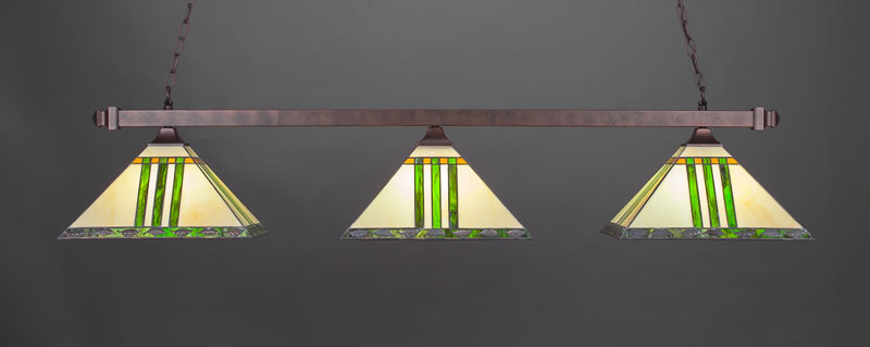 Square 3 Light Bar With Square Fitters Shown In Bronze Finish With 14" Green & Metal Leaf Art Glass