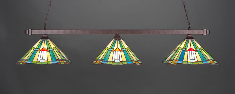 Square 3 Light Bar With Square Fitters Shown In Bronze Finish With 14" Tango Art Glass