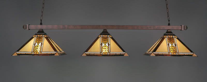 Square 3 Light Bar With Square Fitters Shown In Bronze Finish With 14" Santa Cruz Art Glass