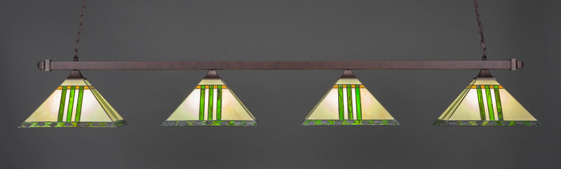 Square 4 Light Bar With Square Fitters Shown In Bronze Finish With 14" Green & Metal Leaf Art