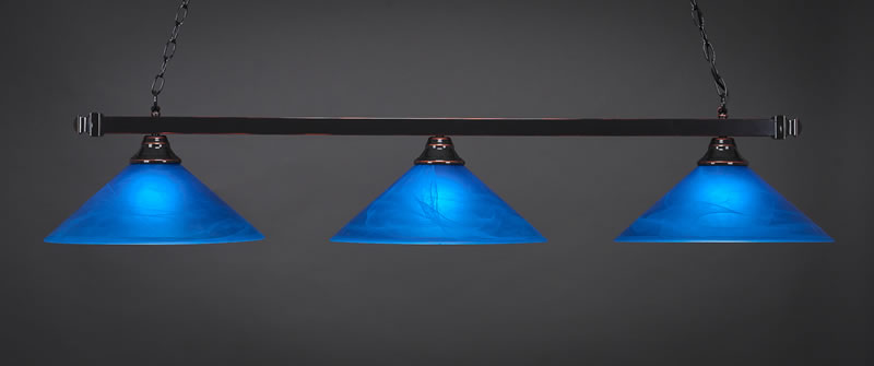 Square 3 Light Bar Shown In Black Copper Finish With 16" Blue Italian Glass